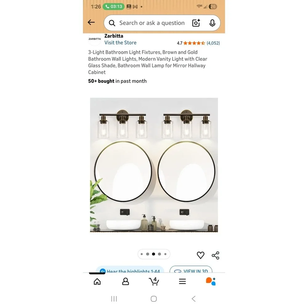 3-Light Bathroom Light Fixtures, Brown and Gold Bathroom Wall Lights, Modern ...